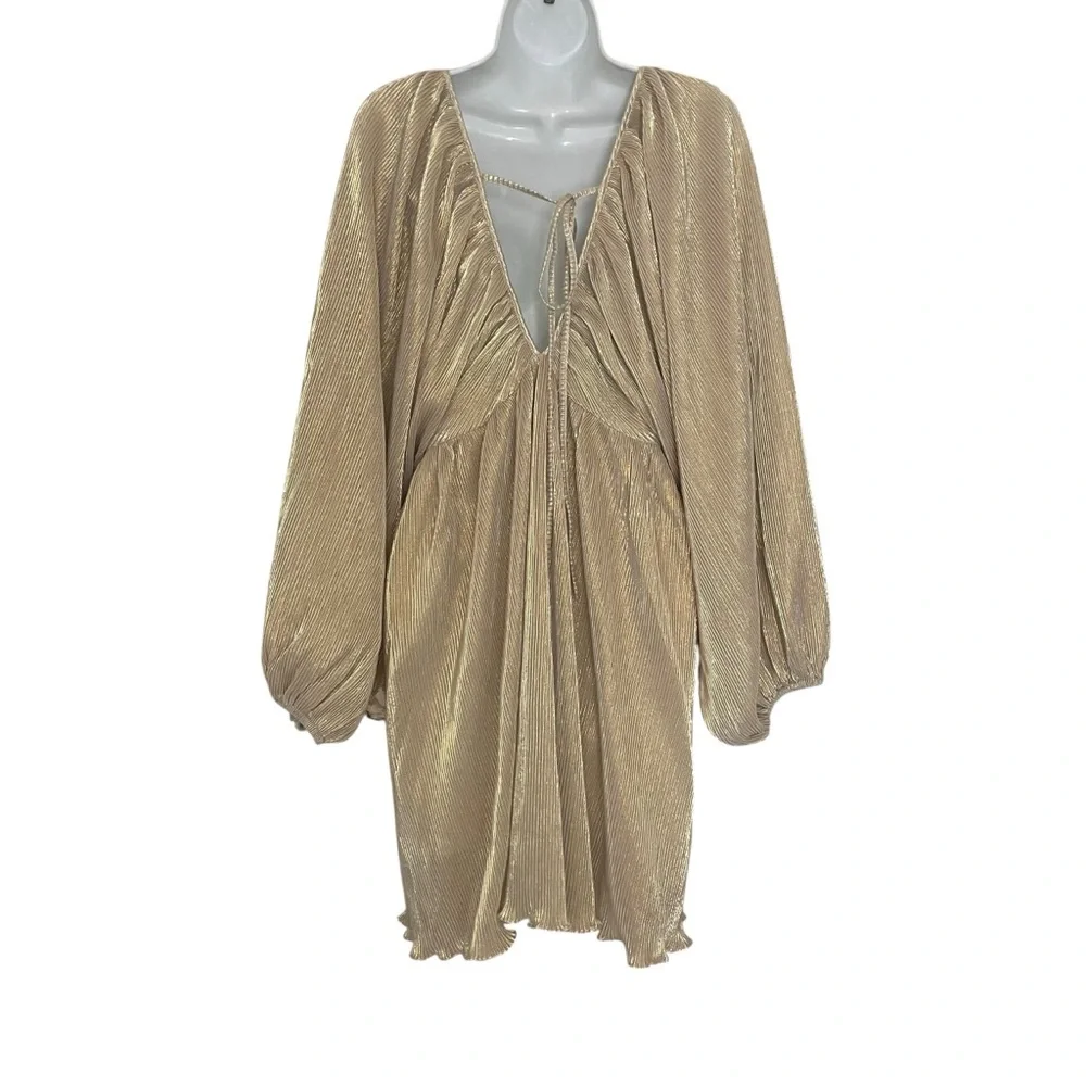 Mable Gold Plunge Neck Flowy Pleated Cocktail Dress Balloon Long Sleeve Mini L - Picture 4 of 13